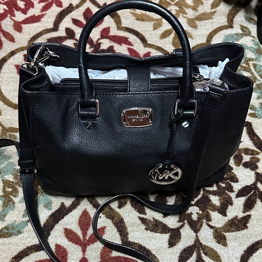Michael Kors Black Pebbled Leather Satchel & Matching MK Zipper Wallet